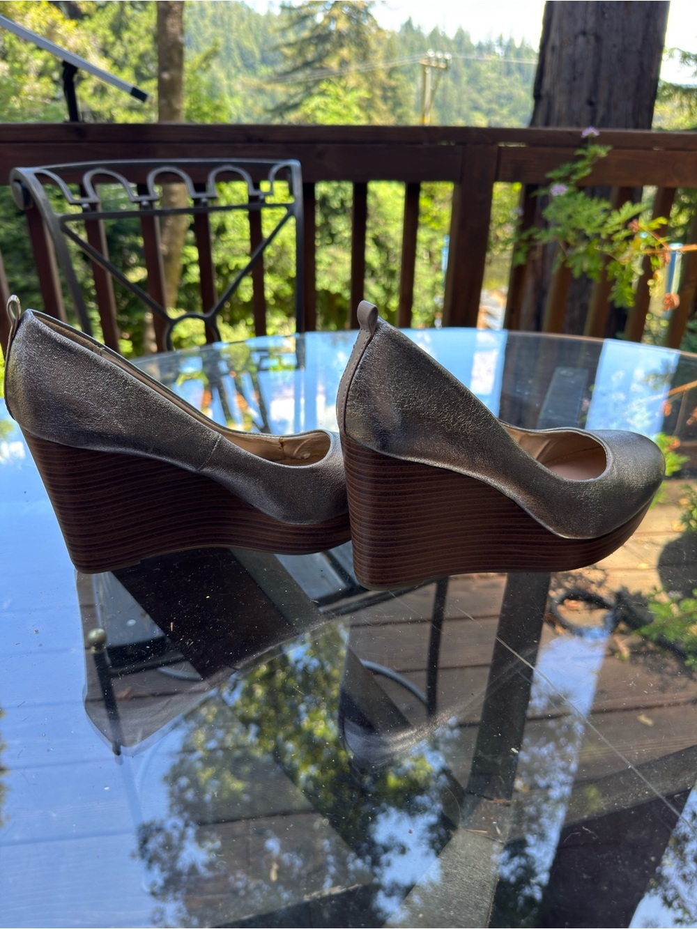 R2 Metallic Silver Wedge Pumps with Wood-Effect Platform